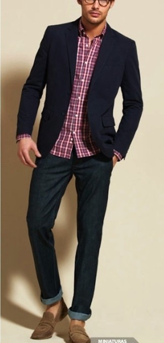 Men's Navy Blazer, Dark Purple Plaid Long Sleeve Shirt, Navy Jeans, Brown Suede Loafers
