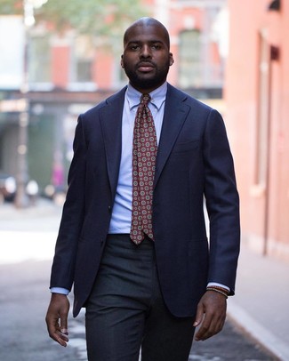 Burgundy Floral Tie Outfits For Men: Combining a navy blazer and a burgundy floral tie is a guaranteed way to breathe elegance into your day-to-day styling rotation.