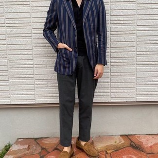 Blue Vertical Striped Blazer Outfits For Men: When the occasion calls for a casually sleek look, dress in a blue vertical striped blazer and charcoal chinos. Tan suede loafers are a simple way to power up this getup.