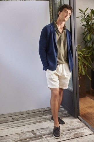 White Shorts Outfits For Men: Rock a navy knit blazer with white shorts for a stylish, casual look. A pair of black leather boat shoes integrates well within a great deal of outfits.