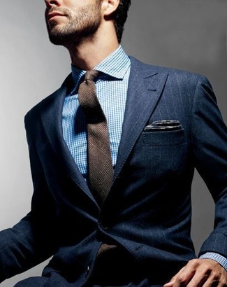 Brown Plaid Wool Tie Outfits For Men: This combination of a navy vertical striped blazer and a brown plaid wool tie couldn't possibly come across other than incredibly sharp and polished.