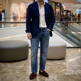 Brown Suede Double Monks Outfits: For an outfit that's extremely easy but can be styled in a myriad of different ways, reach for a navy blazer and blue jeans. Our favorite of an infinite number of ways to complete this ensemble is with brown suede double monks.