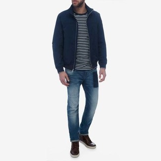 Men's Navy Bomber Jacket, Black and White Horizontal Striped Crew-neck Sweater, Blue Jeans, Dark Brown Leather Casual Boots