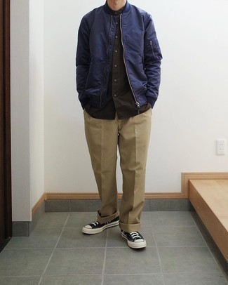 Men's Navy Bomber Jacket, Dark Brown Short Sleeve Shirt, Khaki Chinos, Black and White Canvas Low Top Sneakers