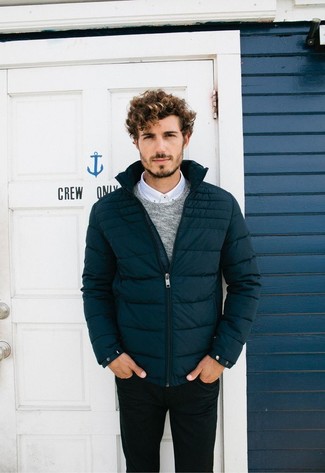 Men's Navy Quilted Bomber Jacket, Grey Crew-neck Sweater, White Long Sleeve Shirt, Black Jeans