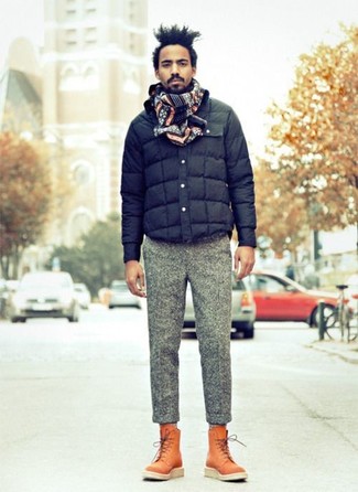 Men's Navy Quilted Bomber Jacket, Grey Wool Dress Pants, Tobacco Leather Casual Boots, Navy Fair Isle Scarf
