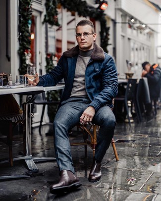 Try pairing a navy wool bomber jacket with navy plaid dress pants for effortless elegance with an alpha male twist. The whole ensemble comes together when you add a pair of burgundy leather chelsea boots to your outfit.