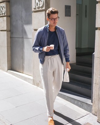 Tobacco Suede Loafers Outfits For Men: A navy bomber jacket and beige linen chinos are a good pairing worth having in your casual styling rotation. To give your overall look a more polished aesthetic, add tobacco suede loafers to the mix.