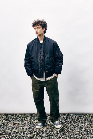 Men's Navy Bomber Jacket, White Crew-neck T-shirt, Dark Green Chinos, Navy and White Canvas Low Top Sneakers