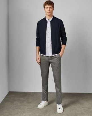 Men's Navy Bomber Jacket, White Short Sleeve Shirt, Grey Check Chinos, White and Black Canvas Low Top Sneakers