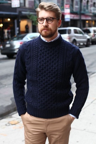 Navy Cable Knit Wool Gg Sweater