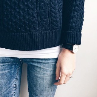 Luxe Cashmere Cable Knit Sweater Navy