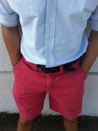 Men's Navy Canvas Belt, Hot Pink Shorts, Light Blue Vertical Striped Long Sleeve Shirt