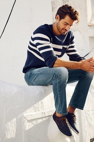 Blue Crew-neck Sweater Outfits For Men: 