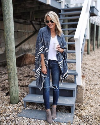 Women's Navy Horizontal Striped Cape Coat, White V-neck T-shirt, Navy Ripped Skinny Jeans, Grey Suede Ankle Boots