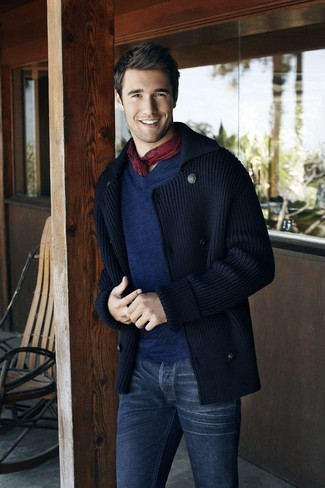 Knit Cardigan Outfits For Men: This laid-back combination of a knit cardigan and navy jeans comes in useful when you need to look sharp in a flash.