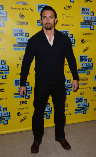 Milo Ventimiglia wearing Navy Cardigan, White Henley Shirt, Black Jeans, Dark Brown Leather Work Boots