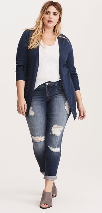 Women's Navy Cardigan, White Tank, Navy Ripped Skinny Jeans, Grey Suede Mules