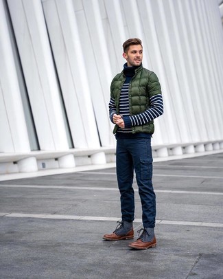 Navy and White Horizontal Striped Turtleneck with Dark Green Puffer Jacket Outfits For Men: 