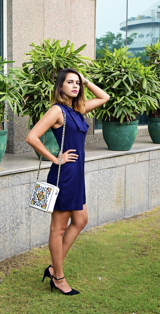Women's Navy Casual Dress, Black Suede Pumps, White Embroidered Crossbody Bag