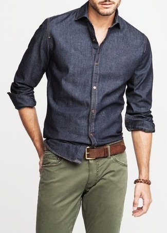 Men's Navy Chambray Long Sleeve Shirt, Olive Chinos, Dark Brown Leather Belt