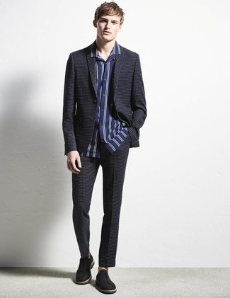 Navy Check Suit Outfits: Dress in a navy check suit and a navy and white vertical striped short sleeve shirt if you're aiming for a sleek, seriously stylish outfit. Get a bit experimental when it comes to footwear and add a pair of black suede loafers to this outfit.