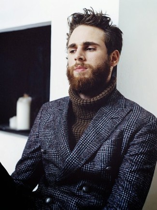 Blue Check Wool Blazer Outfits For Men: For effortless sophistication with a rugged twist, wear a blue check wool blazer and a dark brown knit turtleneck.