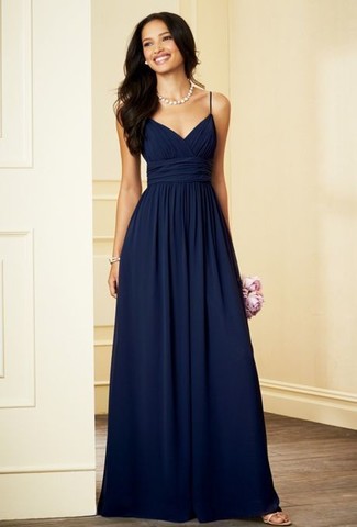Women's Navy Chiffon Evening Dress, Gold Leather Heeled Sandals, White Pearl Necklace