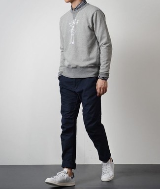 Charcoal Print Sweatshirt Outfits For Men: 