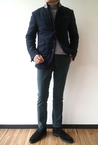 Navy Quilted Blazer Outfits For Men: 