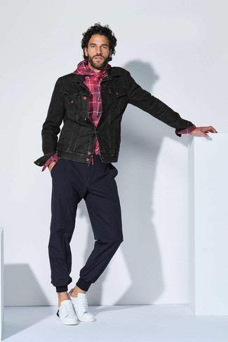 Men's White Leather Low Top Sneakers, Navy Chinos, Hot Pink Plaid Long Sleeve Shirt, Black Denim Jacket