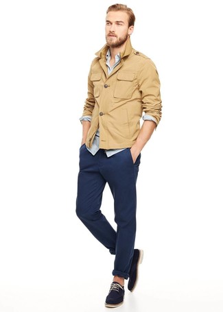 Light Blue Chambray Long Sleeve Shirt Outfits For Men: 