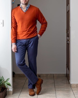 Orange V-neck Sweater Outfits For Men: 