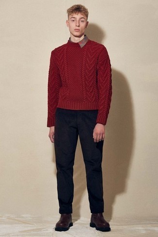 Red and Navy Cable Sweater Outfits For Men: 