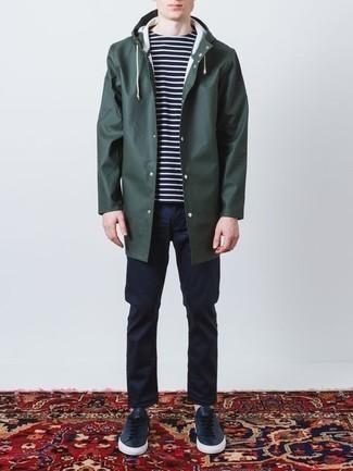Men's Navy Leather Low Top Sneakers, Navy Chinos, Navy and White Horizontal Striped Crew-neck T-shirt, Dark Green Raincoat