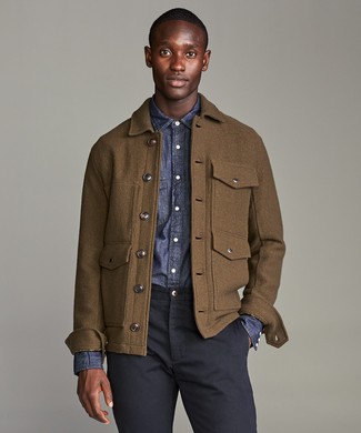 Brown Wool Field Jacket with Navy Chinos Outfits: 