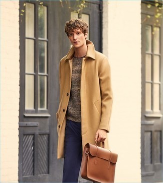 Men's Brown Leather Briefcase, Navy Chinos, Tan Crew-neck Sweater, Camel Overcoat