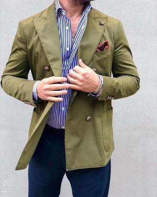 Men's Burgundy Print Pocket Square, Navy Chinos, White and Blue Vertical Striped Dress Shirt, Olive Double Breasted Blazer