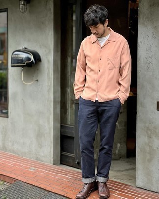Men's Dark Brown Leather Casual Boots, Navy Chinos, White Crew-neck T-shirt, Pink Long Sleeve Shirt