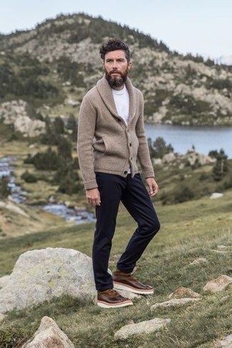 Beige Shawl Cardigan Outfits For Men: 