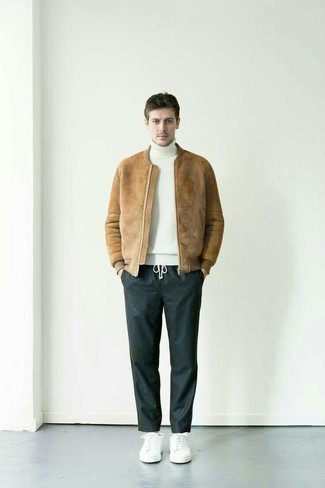 Brown Suede Bomber Jacket Spring Outfits For Men: 