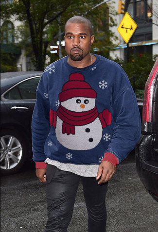 Kanye West wearing Navy Christmas Sweatshirt, Grey Crew-neck T-shirt, Black Leather Jeans