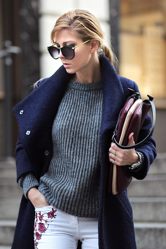 Boxy Cable Knit Pullover Sweater Charcoal