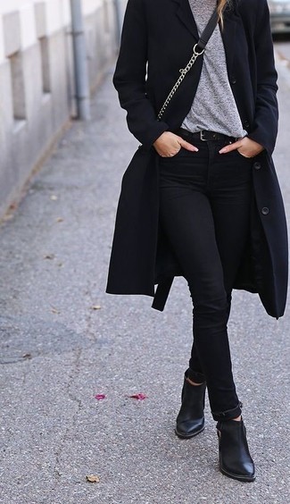 Women's Navy Coat, Grey Crew-neck T-shirt, Black Skinny Jeans, Black Leather Ankle Boots