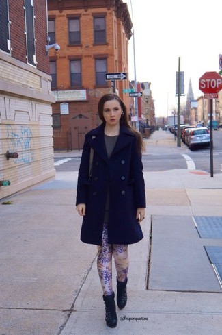 Women's Navy Coat, Olive Oversized Sweater, Grey Print Leggings, Black Suede Ankle Boots