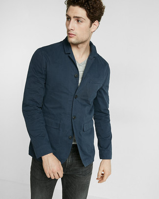 Blue Cotton Blazer Outfits For Men: Opt for a blue cotton blazer and black jeans for casual sophistication with a masculine take.