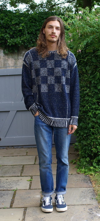 Men's Navy Check Crew-neck Sweater, Blue Jeans, Navy and White Canvas Low Top Sneakers, Navy Socks