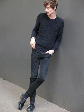 Dark Purple Socks Outfits For Men: You're looking at the undeniable proof that a navy crew-neck sweater and dark purple socks are awesome when paired together in an edgy outfit. Take this look a dressier path by slipping into black leather derby shoes.