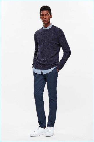 Men's Navy Crew-neck Sweater, Light Blue Vertical Striped Dress Shirt, Navy Chinos, White Leather Low Top Sneakers