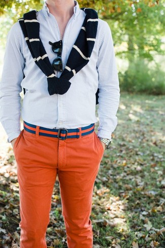 Navy Horizontal Striped Crew-neck Sweater Outfits For Men: A navy horizontal striped crew-neck sweater and orange chinos are definitely worth being on your list of veritable casual must-haves.